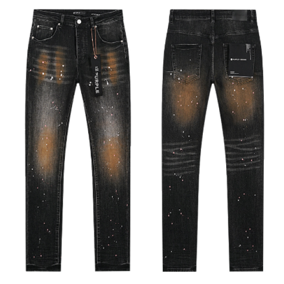 Black Washed Slim Denim Jeans with Orange Wash Gradient and Multicolor Paint Splatter